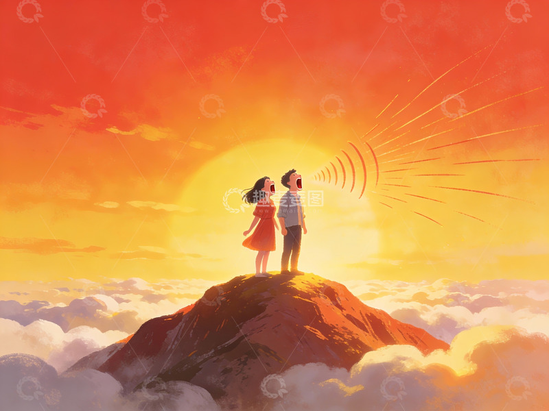 高清大图下载【趣麦麦图】两人山顶仰望夕阳