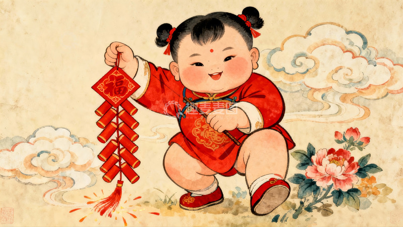 高清大图下载【趣麦麦图】孩童手持鞭炮喜迎新春