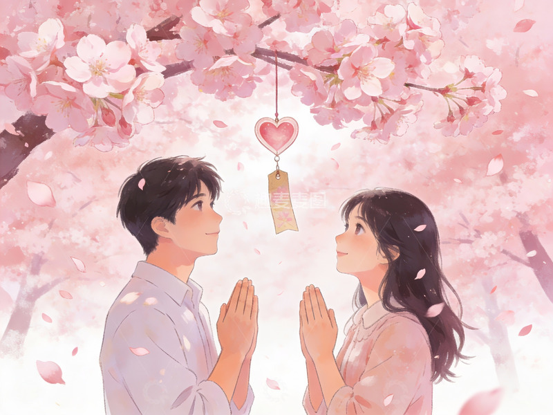 高清大图下载【趣麦麦图】樱花树下情侣祈愿