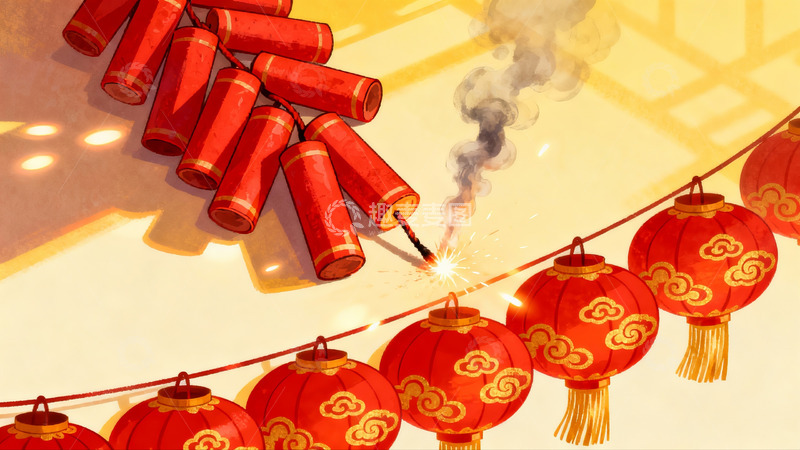 高清大图下载【趣麦麦图】新年爆竹红灯笼喜庆场景