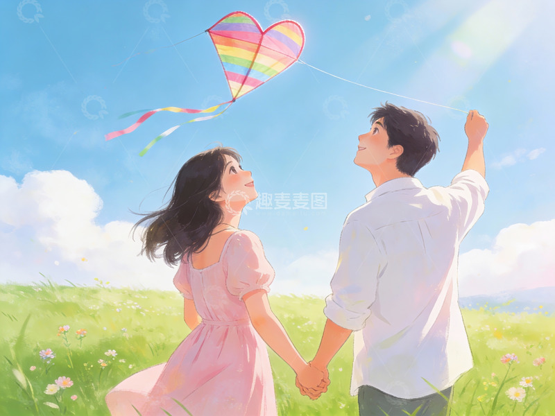 高清大图下载【趣麦麦图】情侣放飞彩虹风筝