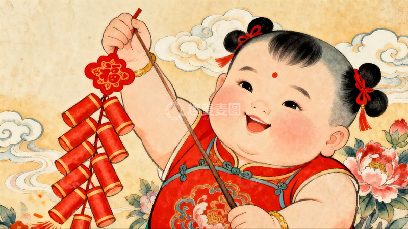 高清大图下载【趣麦麦图】喜庆孩童手持鞭炮欢笑