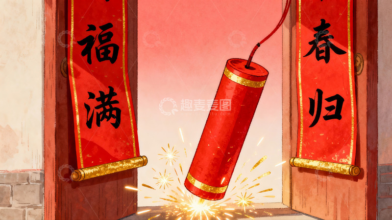高清大图下载【趣麦麦图】春节门联与鞭炮燃放场景