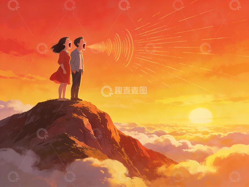高清大图下载【趣麦麦图】山顶情侣仰望日落