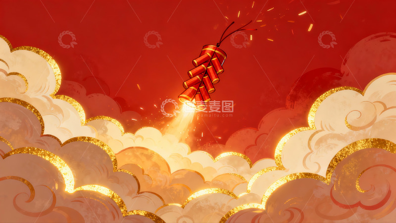 高清大图下载【趣麦麦图】红色天空烟花绽放云海之上