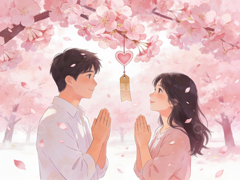 高清大图下载【趣麦麦图】樱花树下情侣相望