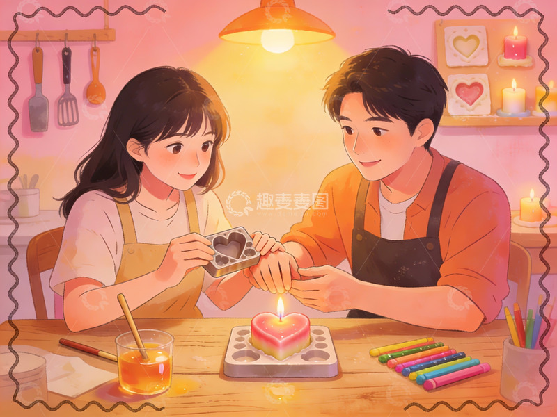 高清大图下载【趣麦麦图】情侣在厨房制作心形蜡烛