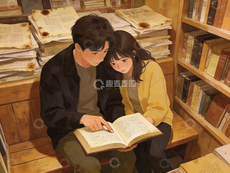 高清大图下载【趣麦麦图】两人在书店共读书籍