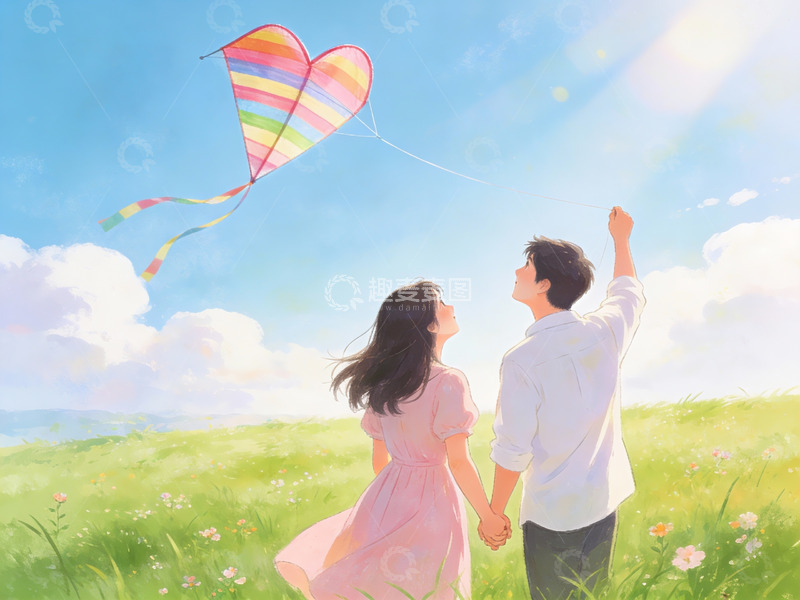 高清大图下载【趣麦麦图】情侣放飞彩虹风筝