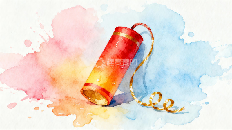 高清大图下载【趣麦麦图】水彩画中的红色鞭炮