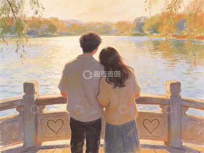 情侣湖畔观景背影