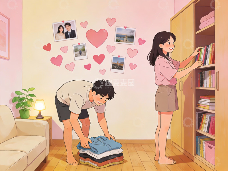 高清大图下载【趣麦麦图】情侣在家中整理衣物和书籍