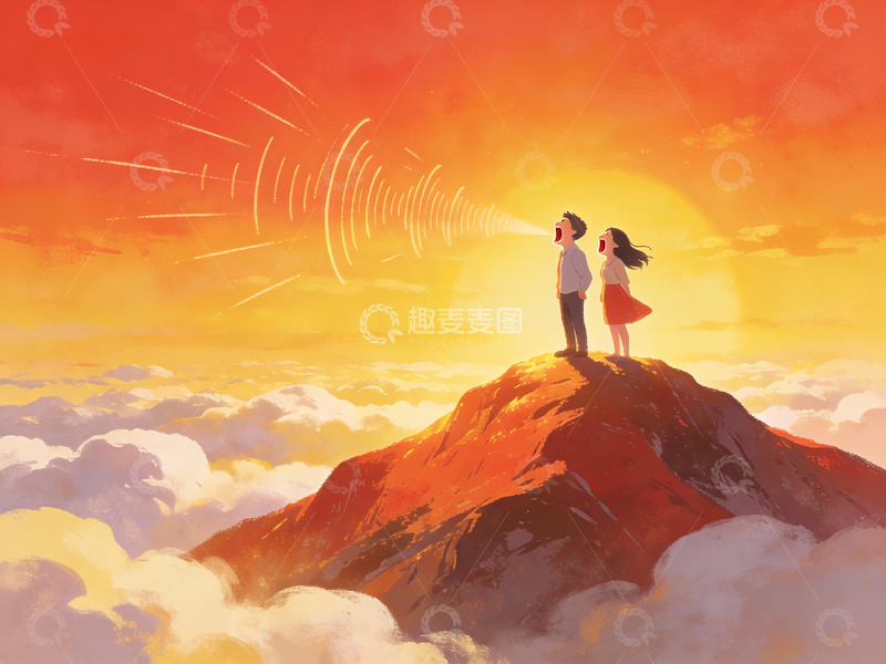 高清大图下载【趣麦麦图】山顶情侣仰望夕阳