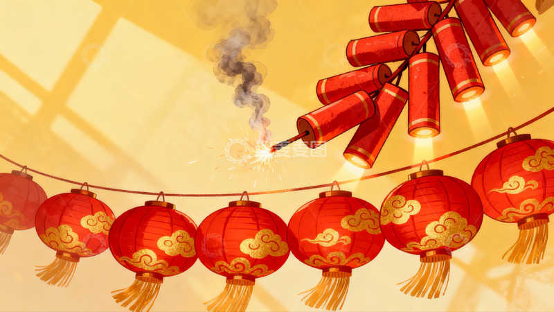 高清大图下载【趣麦麦图】新年灯笼鞭炮齐放喜庆场景