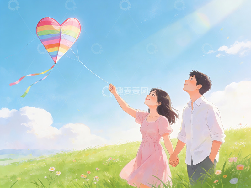 高清大图下载【趣麦麦图】情侣放飞彩虹心形风筝