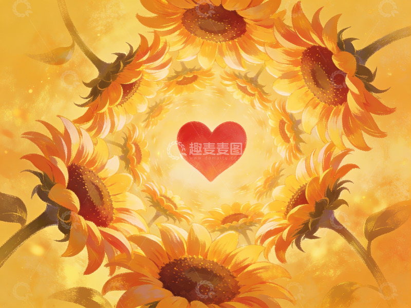 高清大图下载【趣麦麦图】向日葵环绕的红色爱心