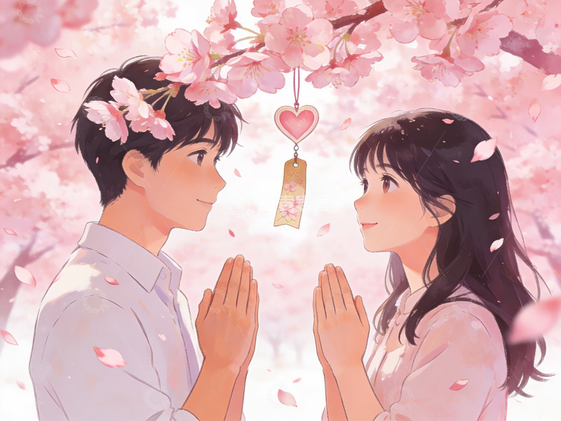 高清大图下载【趣麦麦图】樱花树下情侣祈愿