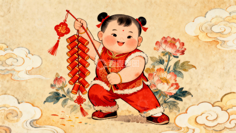 高清大图下载【趣麦麦图】孩童手持鞭炮喜迎新春