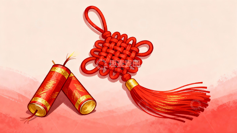 高清大图下载【趣麦麦图】红色鞭炮与中国结新年装饰