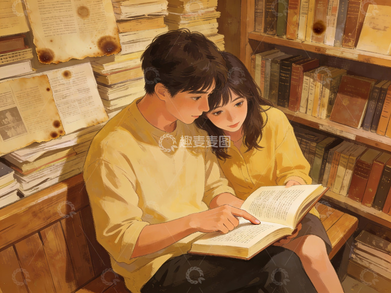 高清大图下载【趣麦麦图】两人在书房共读书籍