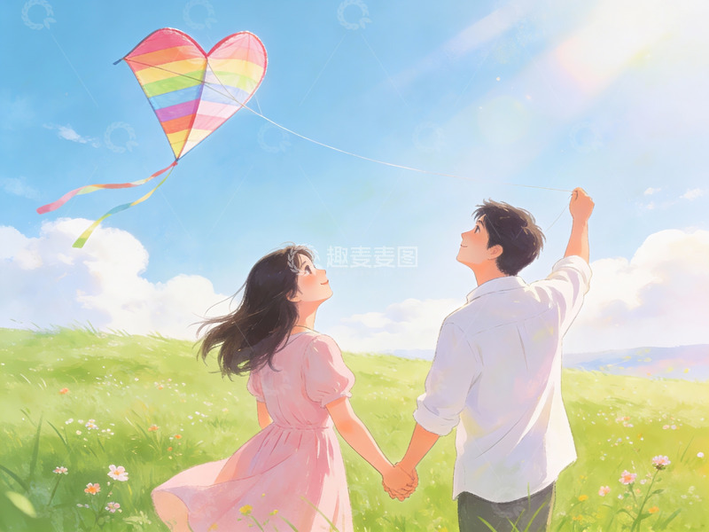 高清大图下载【趣麦麦图】情侣放飞彩虹风筝