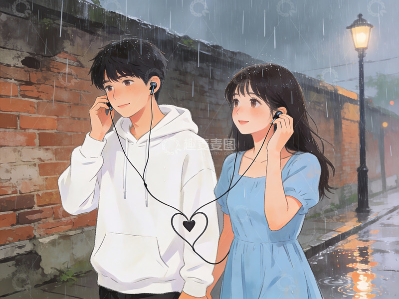 高清大图下载【趣麦麦图】雨中共享耳机的年轻情侣