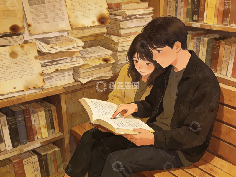 高清大图下载【趣麦麦图】两人在书房共读书籍