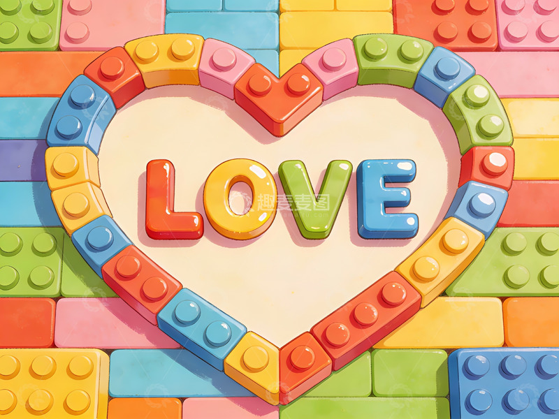 高清大图下载【趣麦麦图】彩色积木拼成爱心与爱字