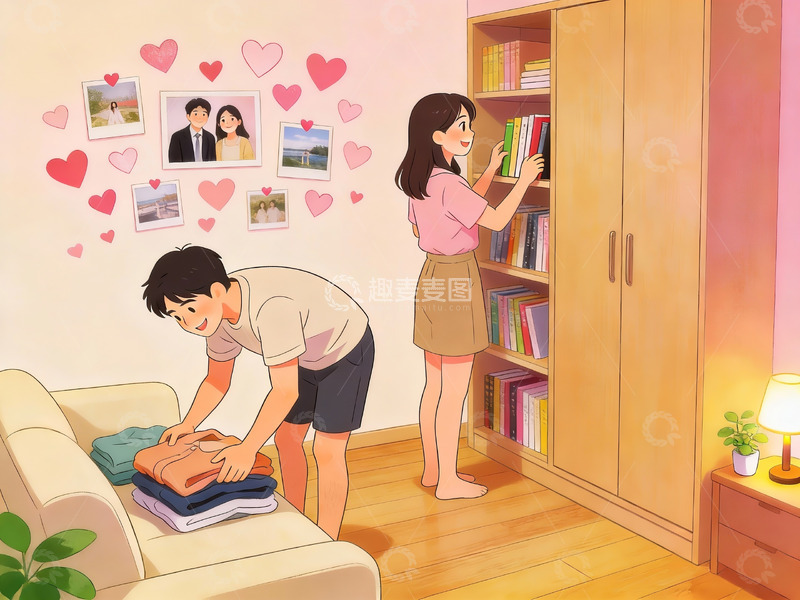 高清大图下载【趣麦麦图】情侣在房间整理衣物书籍