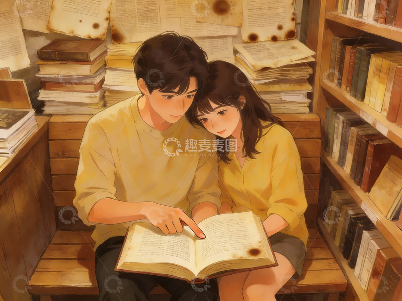 高清大图下载【趣麦麦图】情侣在书房共读书籍