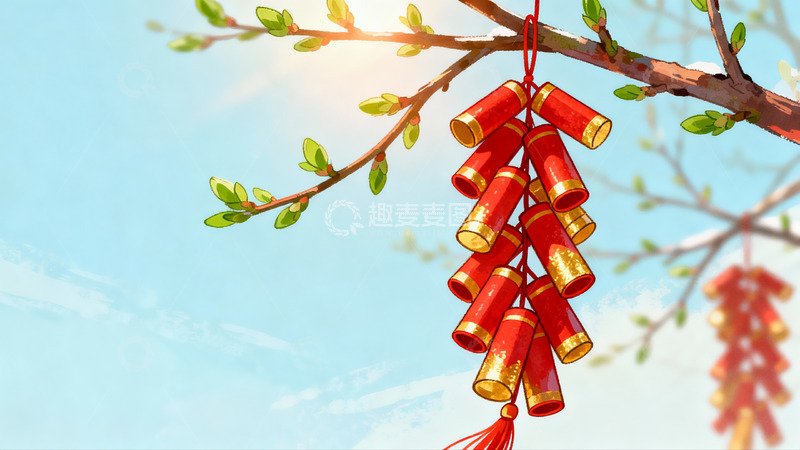 高清大图下载【趣麦麦图】春枝挂红鞭炮迎新春