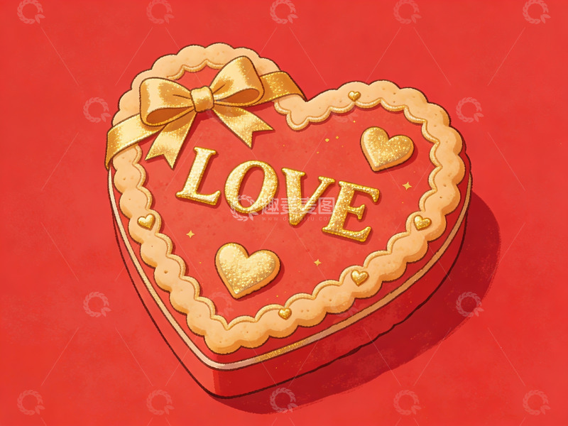 高清大图下载【趣麦麦图】红色背景上的金色心形礼盒