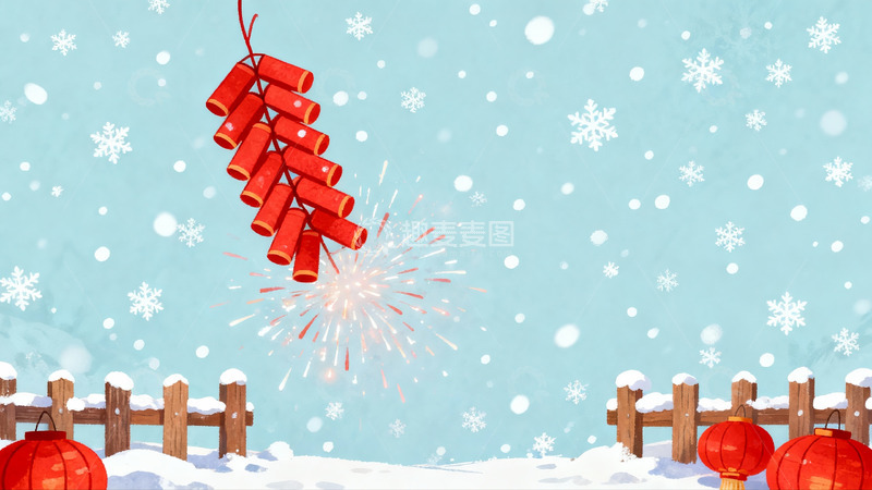 高清大图下载【趣麦麦图】雪中鞭炮红灯笼新年场景