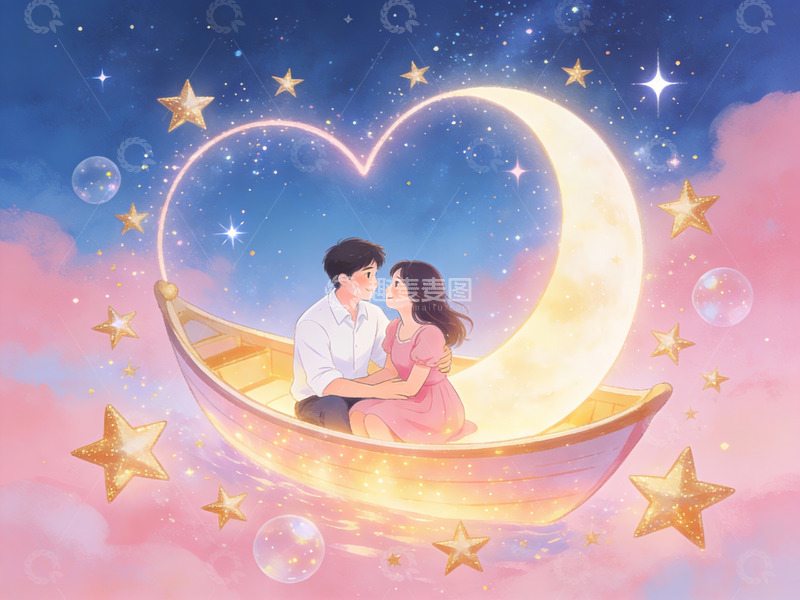 高清大图下载【趣麦麦图】情侣在月亮船上相拥