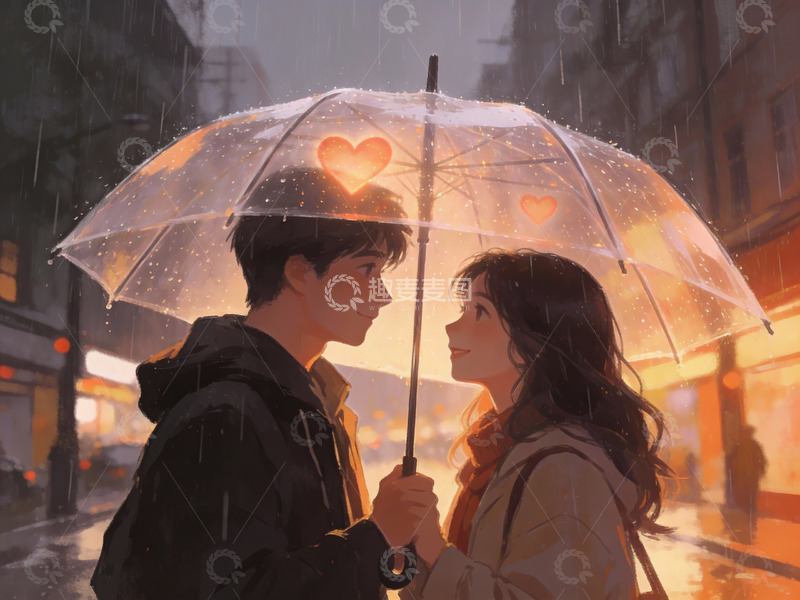 高清大图下载【趣麦麦图】雨中情侣共撑透明伞