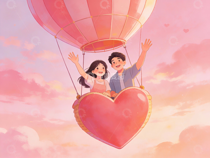 高清大图下载【趣麦麦图】情侣乘心形热气球飞翔