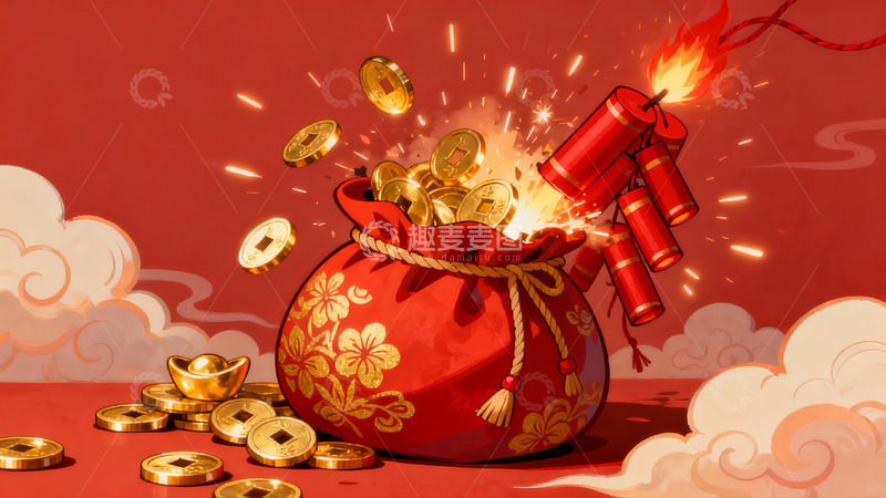 高清大图下载【趣麦麦图】爆竹炸开金元宝满地散落