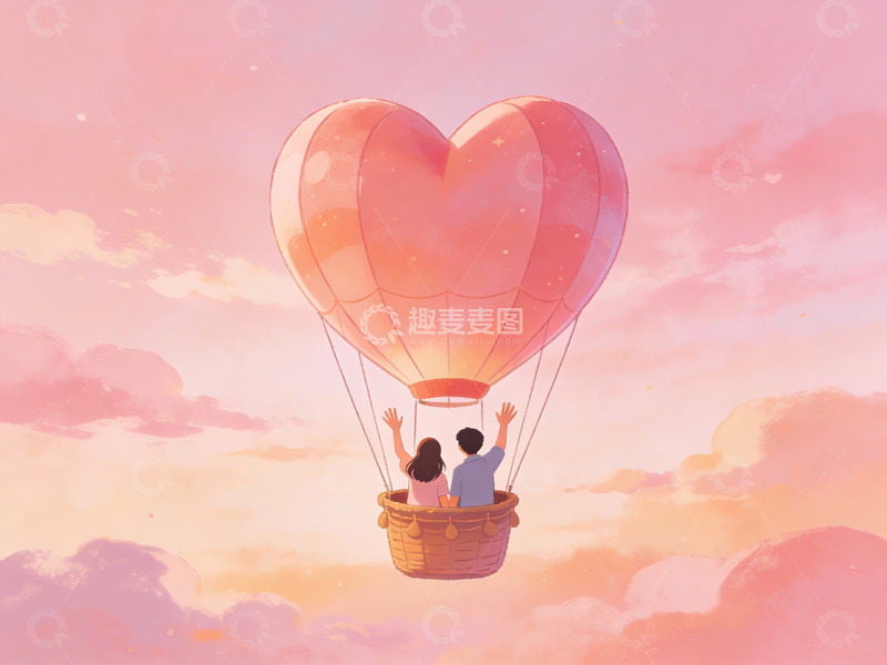 高清大图下载【趣麦麦图】情侣乘坐心形热气球飞翔