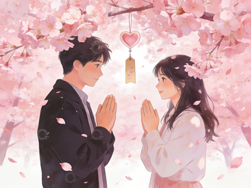 高清大图下载【趣麦麦图】樱花树下情侣合十祈愿
