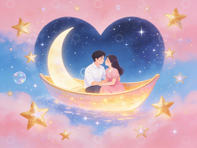 高清大图下载【趣麦麦图】情侣月下泛舟浪漫场景