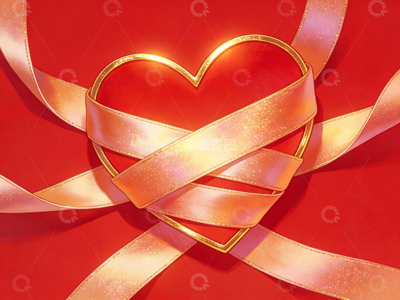 高清大图下载【趣麦麦图】金色心形与丝带交织