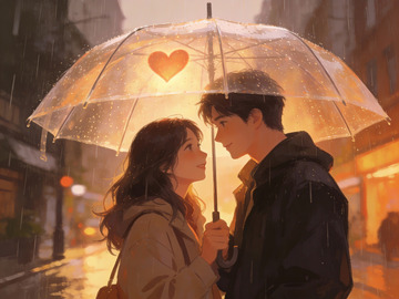 雨中情侣共撑透明伞