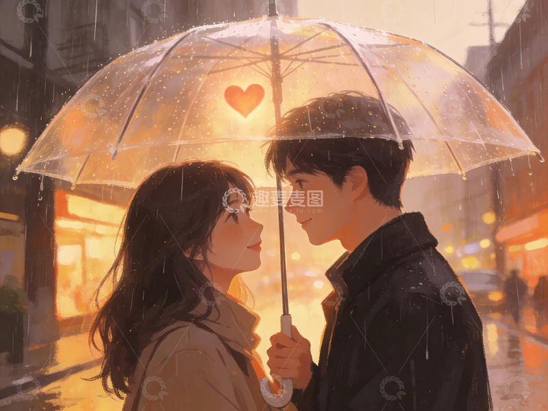 高清大图下载【趣麦麦图】雨中情侣共伞相望