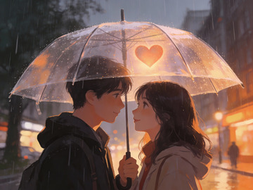 雨中情侣共撑透明伞