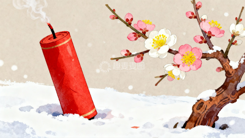 高清大图下载【趣麦麦图】雪中梅花与燃放鞭炮