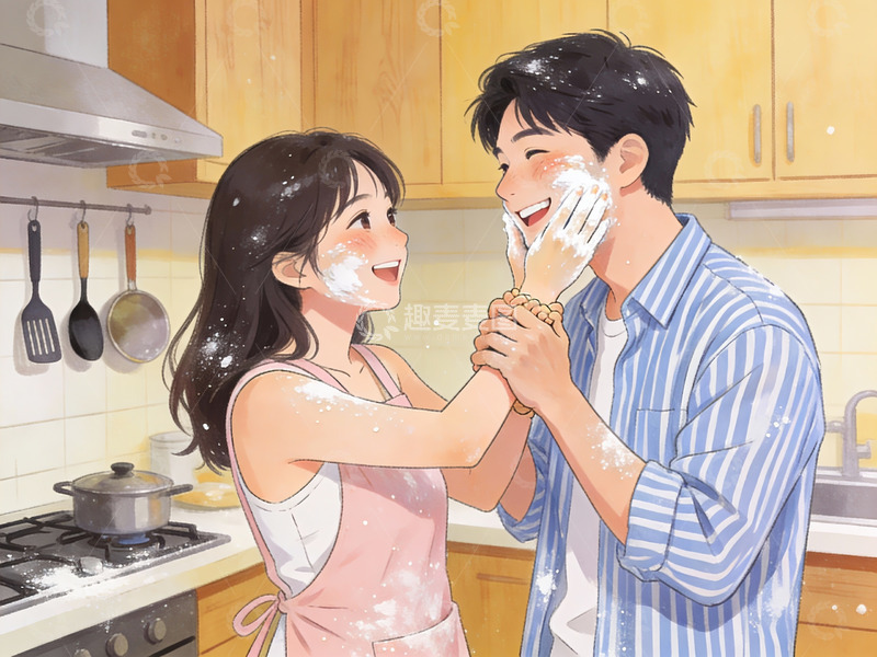 高清大图下载【趣麦麦图】厨房中嬉戏的年轻情侣