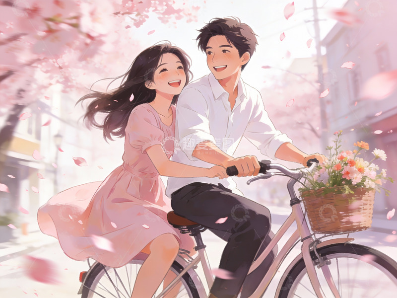 高清大图下载【趣麦麦图】樱花下骑车的情侣