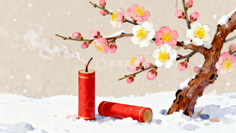 高清大图下载【趣麦麦图】雪中梅花与红鞭炮