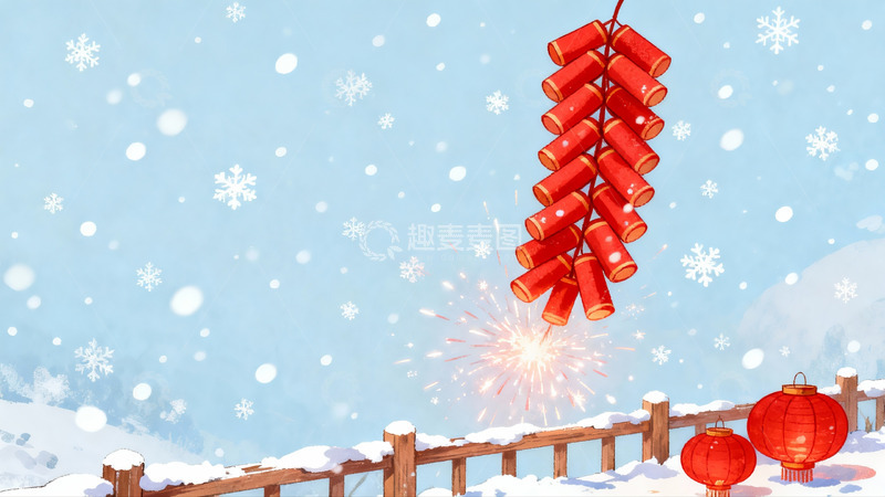 高清大图下载【趣麦麦图】雪中挂鞭炮灯笼迎新年