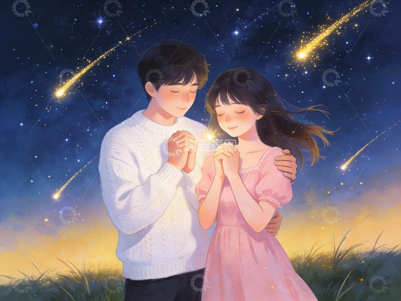 高清大图下载【趣麦麦图】情侣仰望流星夜空